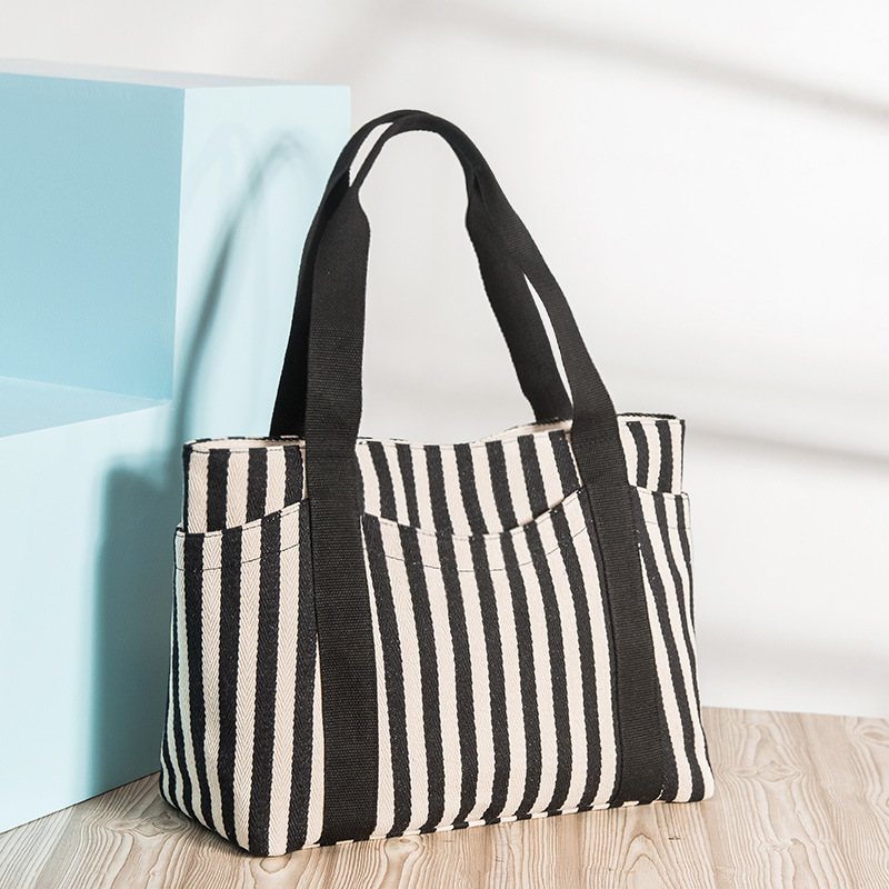 in Europe and America Women&#039;s Fashion Handbag Striped Canvas Bag Women&#039;s Shoulder Bag Tote Mummy Canvas Bag Big Bag