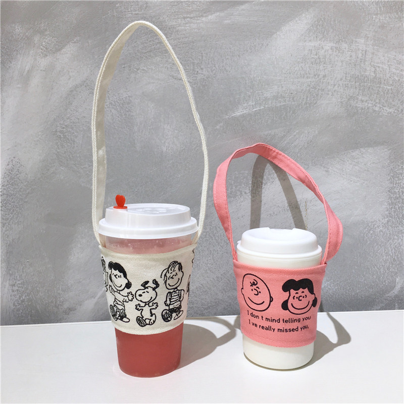 Korean Style Ins Simple Cute Cartoon Puppy Charlie Drink Cup Milk Tea Cup Set Canvas Bag Heat Resistant Anti-Ice