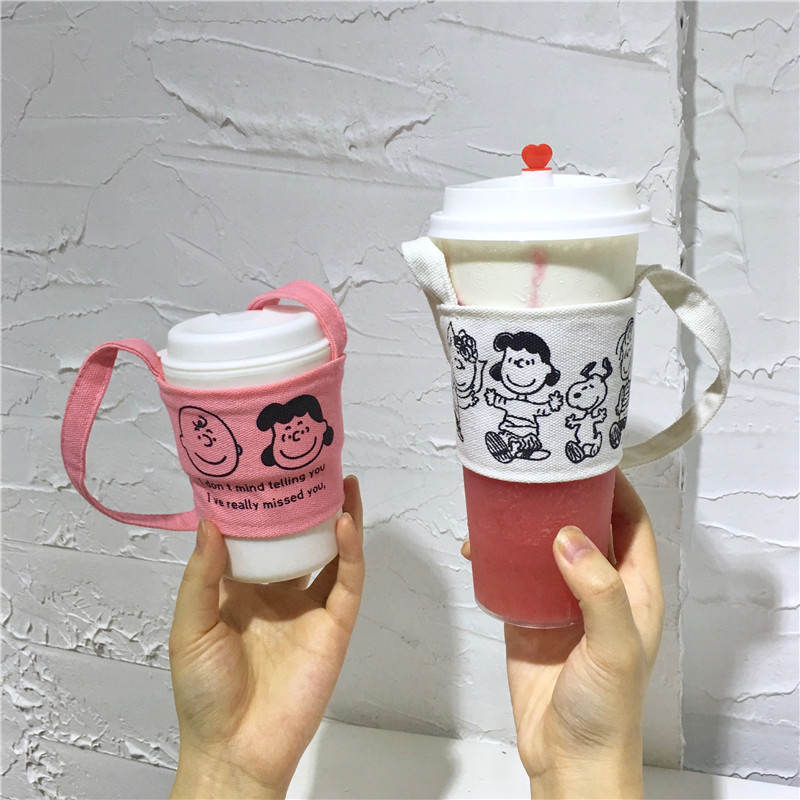 Korean Style Ins Simple Cute Cartoon Puppy Charlie Drink Cup Milk Tea Cup Set Canvas Bag Heat Resistant Anti-Ice