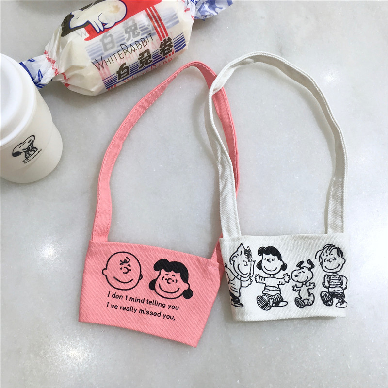 Korean Style Ins Simple Cute Cartoon Puppy Charlie Drink Cup Milk Tea Cup Set Canvas Bag Heat Resistant Anti-Ice