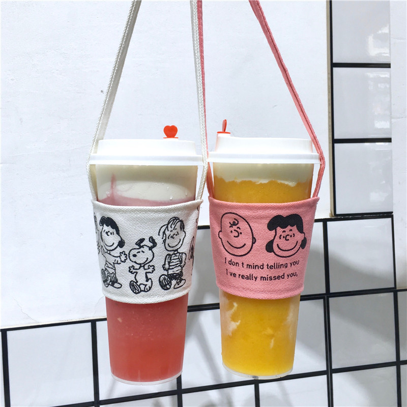 Korean Style Ins Simple Cute Cartoon Puppy Charlie Drink Cup Milk Tea Cup Set Canvas Bag Heat Resistant Anti-Ice