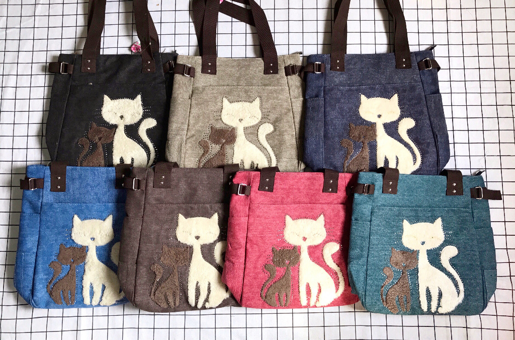 Velvet Rhinestone Cat Canvas Bag Korean Style Women's Handbag Large Capacity Single-Shoulder Canvas Bag Velvet Rhinestone Cat Canvas Bag Korean Style Women's Handbag Large Capacity Single-Shoulder Canvas Bag
