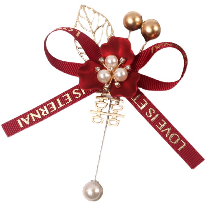 Mori Style Wedding Corsage Bridegroom Bride Wedding Corsage Chinese Metal Xi Character Three-Petal Flower Multi-Color Title Full Set Mori Style Wedding Corsage Bridegroom Bride Wedding Corsage Chinese Metal Xi Character Three-Petal Flower Multi-Color Title Full Set