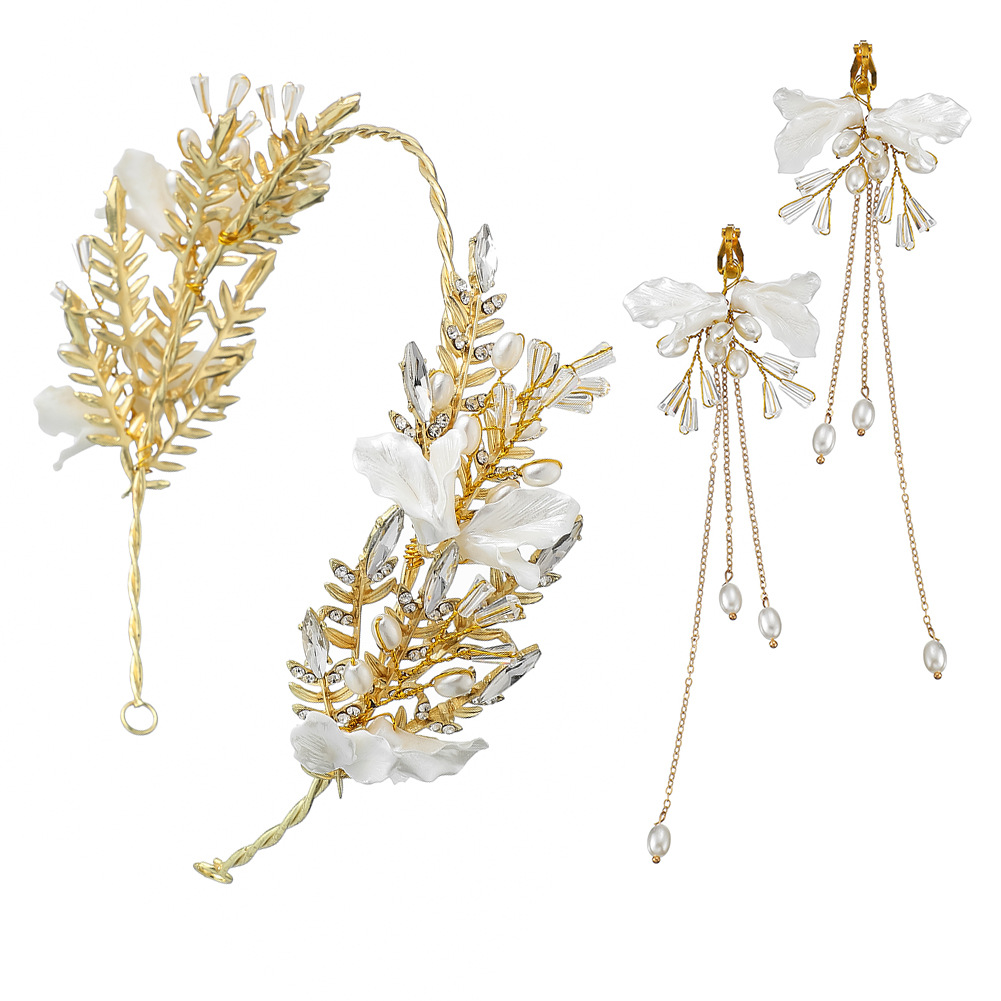 Korean Style Bridal Wedding Dress Headdress Crystal Headdress Flower Alloy Crown Headband Petal Pearl Ear Clip Set Wholesale