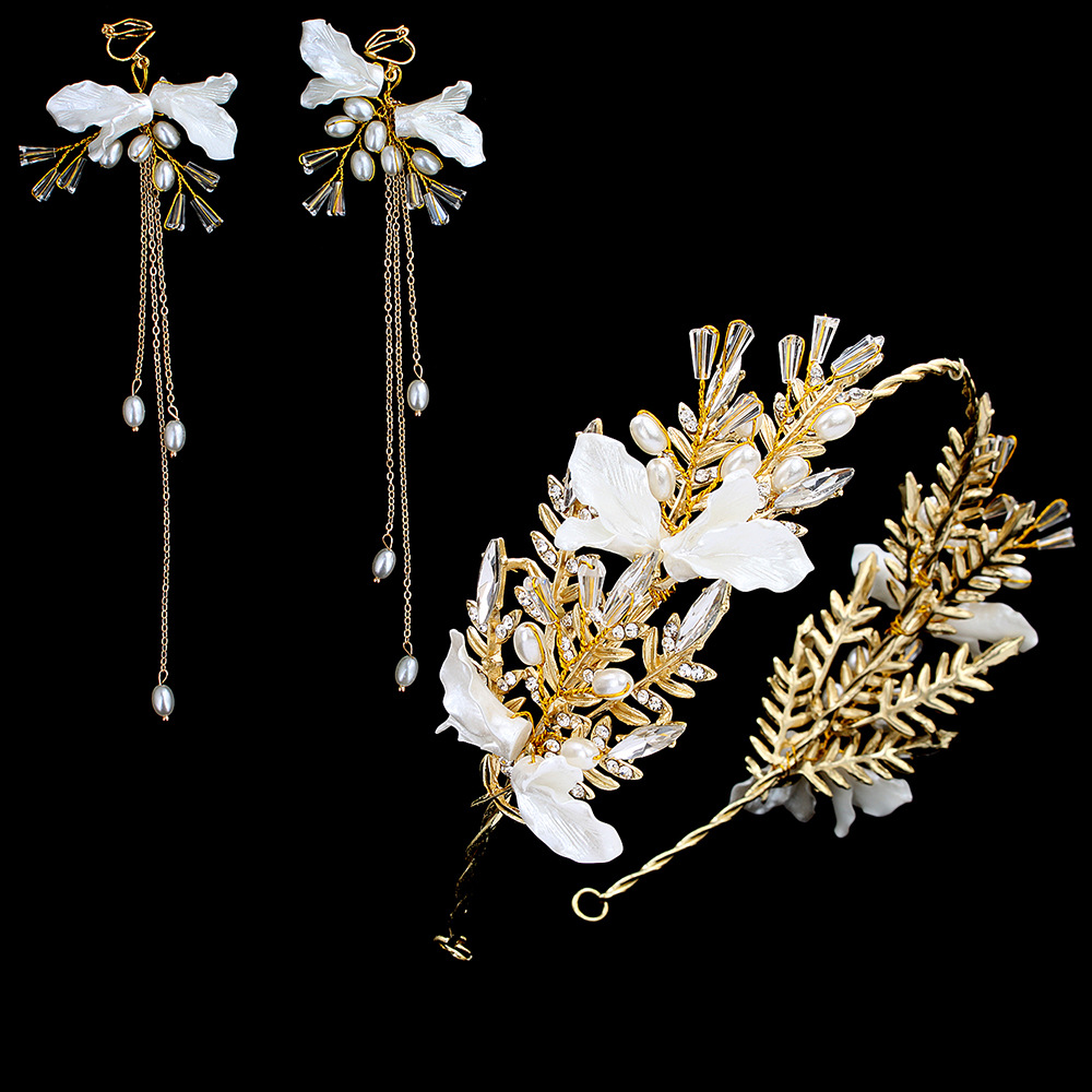 Korean Style Bridal Wedding Dress Headdress Crystal Headdress Flower Alloy Crown Headband Petal Pearl Ear Clip Set Wholesale