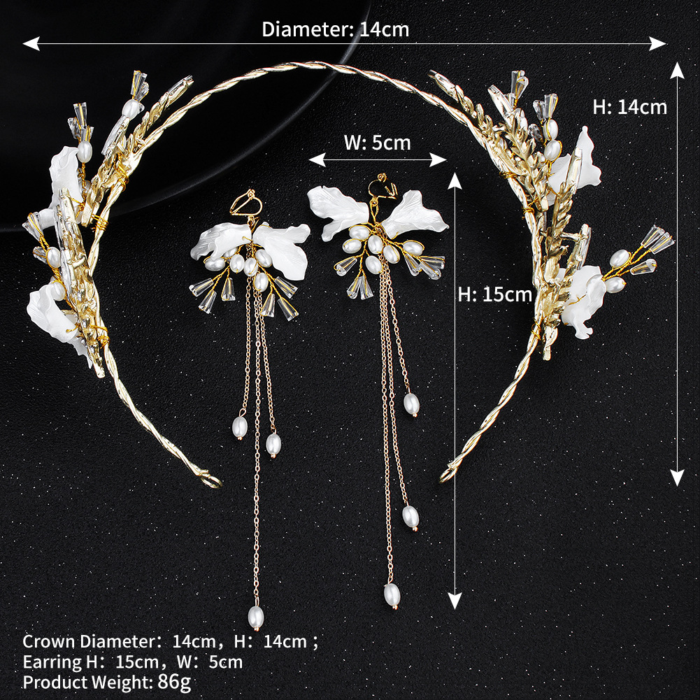Korean Style Bridal Wedding Dress Headdress Crystal Headdress Flower Alloy Crown Headband Petal Pearl Ear Clip Set Wholesale