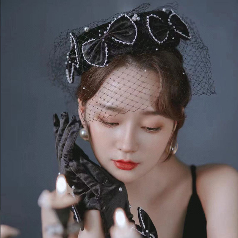 Wedding Hat  Elegant Velvet Hat Mesh Pearl Complex Pair Hat Accessory Prom Bridal Wedding Sample Headdress