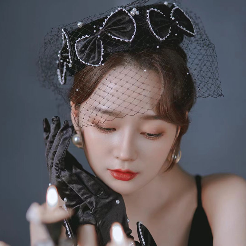 Wedding Hat  Elegant Velvet Hat Mesh Pearl Complex Pair Hat Accessory Prom Bridal Wedding Sample Headdress