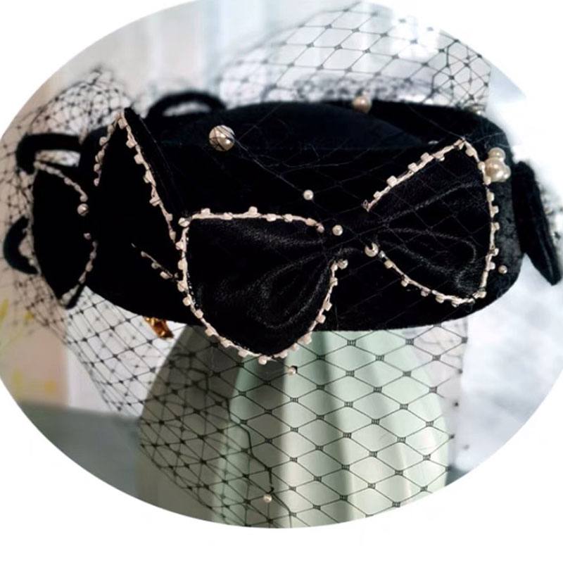 Wedding Hat  Elegant Velvet Hat Mesh Pearl Complex Pair Hat Accessory Prom Bridal Wedding Sample Headdress