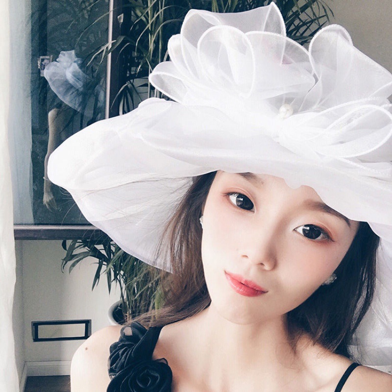 Wedding Hat Hepburn Style Hat Photo Art Wedding Hat White Concave Shape Organza Female Western Style Black