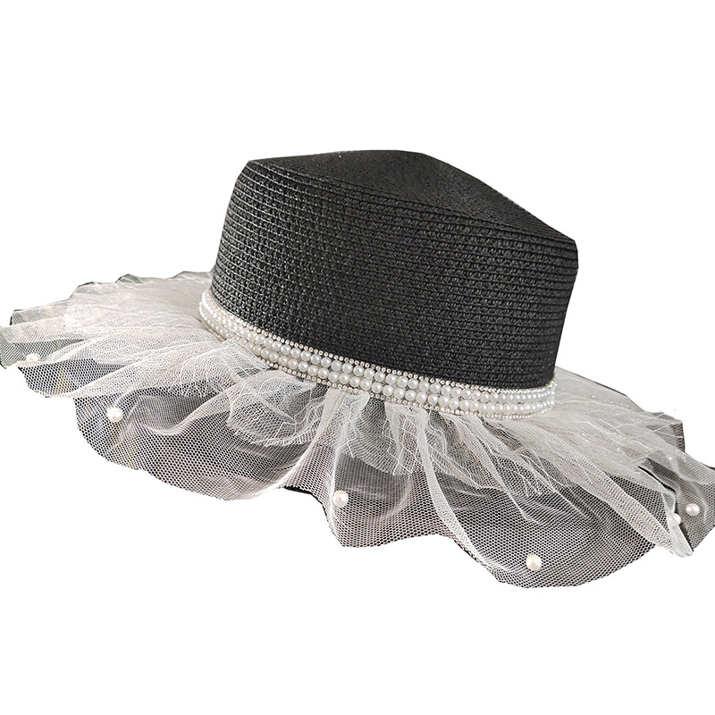 Original design of white wedding dress hat network band aid pearl flat Brim Straw hat with diamond Web celebrity travel sun Hat trend