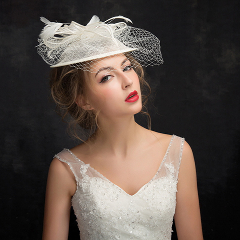 Wedding Hat Women&#039;s Linen Feather Adult Top Hat Bride Wedding All-Match Women&#039;s British Flat Top Vintage Top Hat
