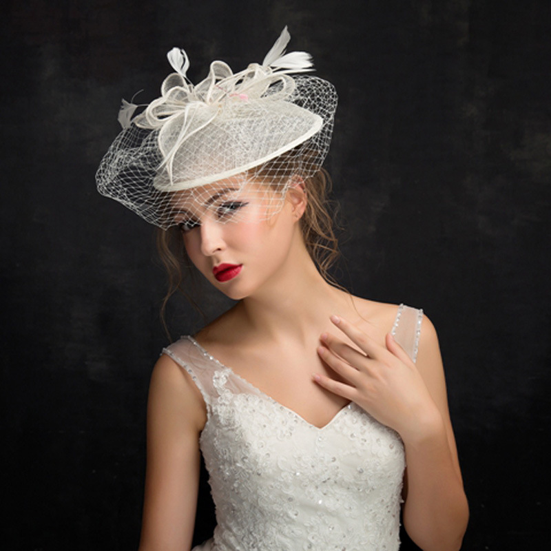 Wedding Hat Women&#039;s Linen Feather Adult Top Hat Bride Wedding All-Match Women&#039;s British Flat Top Vintage Top Hat