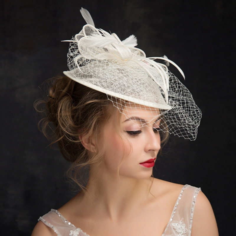 Wedding Hat Women's Linen Feather Adult Top Hat Bride Wedding All-Match Women's British Flat Top Vintage Top Hat Wedding Hat Women's Linen Feather Adult Top Hat Bride Wedding All-Match Women's British Flat Top Vintage Top Hat