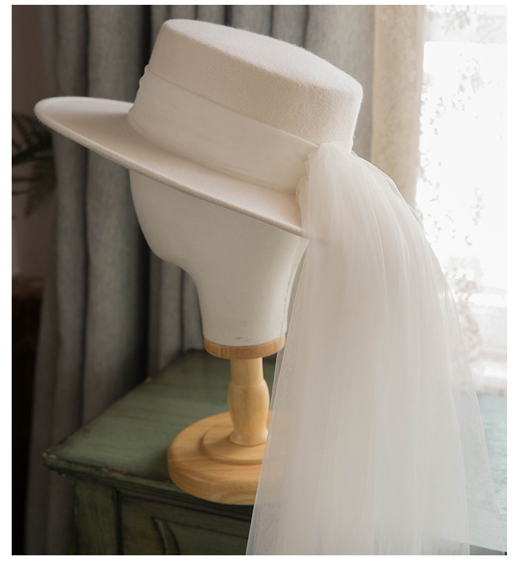 White Woolen Flat Top Hat Women's Autumn and Winter French Retro Socialite Wide Brim Wedding Hat