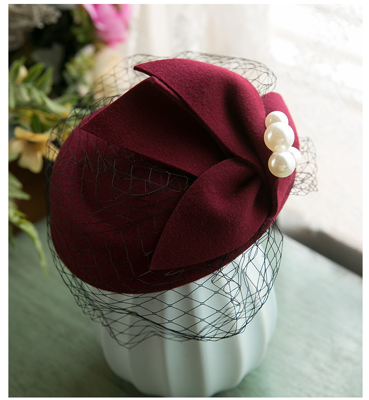 French Elegant British Vintage Gauze Beret Woolen Billycock Wedding Hat French Elegant British Vintage Gauze Beret Woolen Billycock Wedding Hat