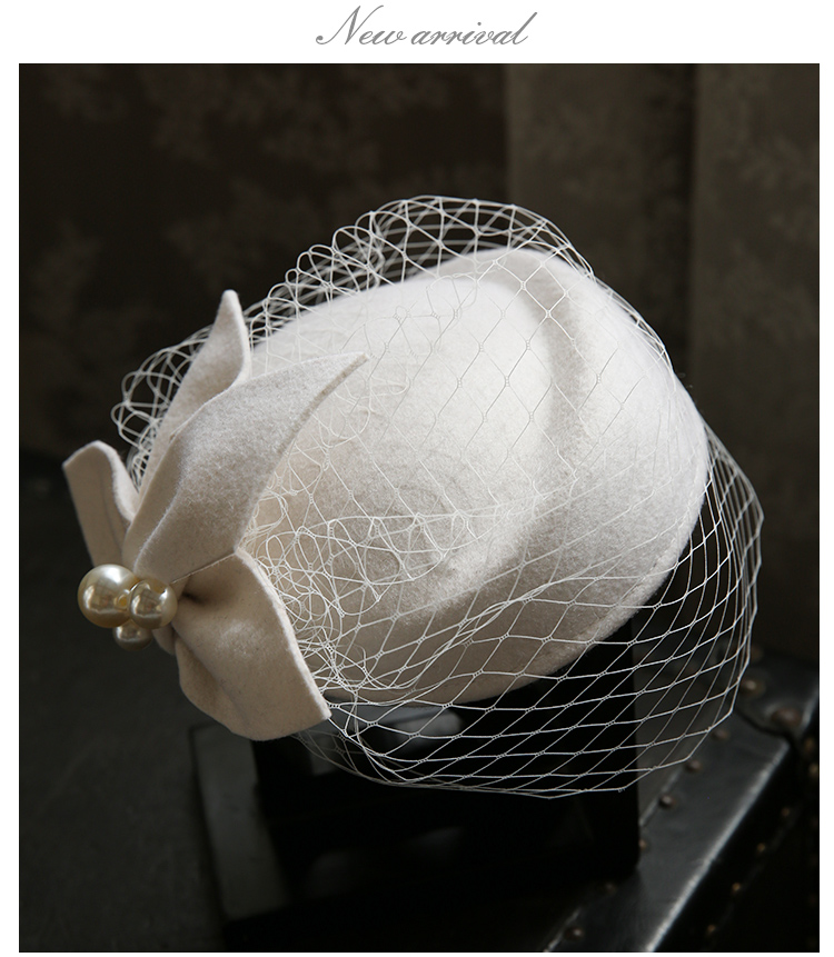 French Elegant British Vintage Gauze Beret Woolen Billycock Wedding Hat French Elegant British Vintage Gauze Beret Woolen Billycock Wedding Hat