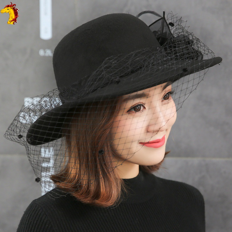 Wedding Hat  Elegant Socialite Dress Hat Female Banquet Female Autumn and Winter Mesh Woolen British Bowler