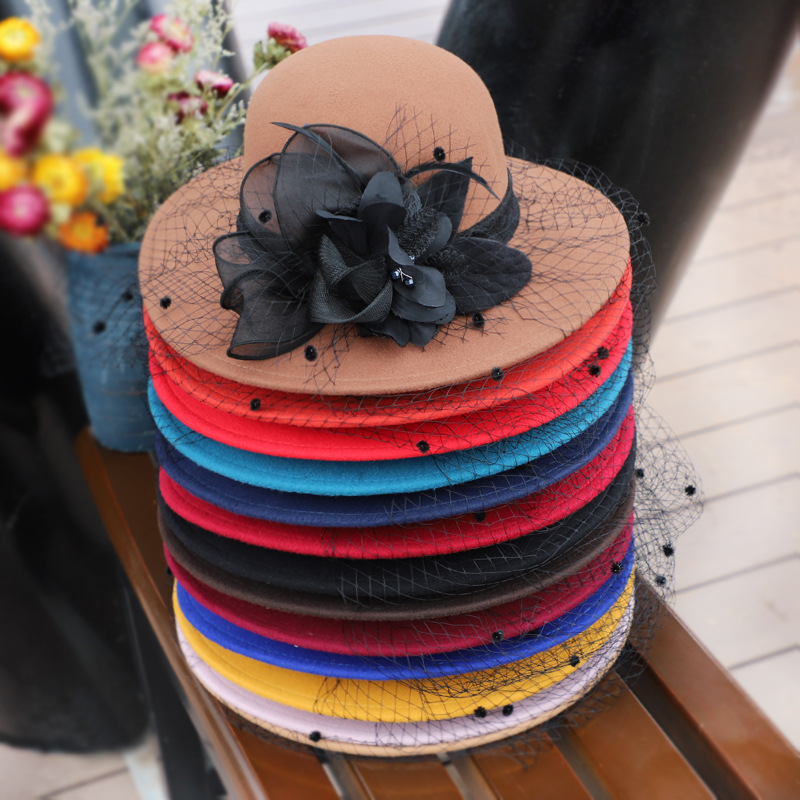 Wedding Hat  Elegant Socialite Dress Hat Female Banquet Female Autumn and Winter Mesh Woolen British Bowler