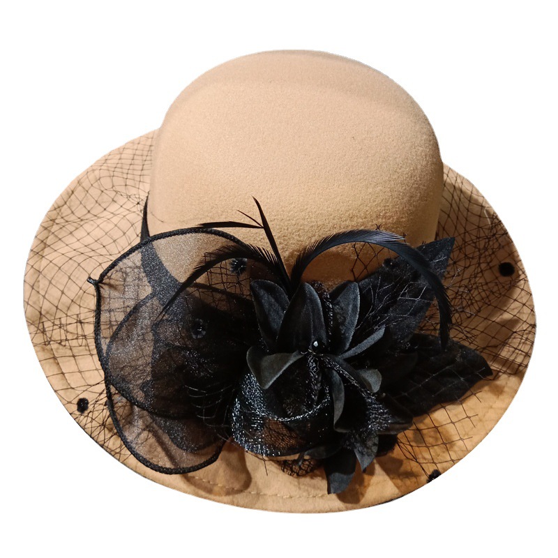 Wedding Hat  Elegant Socialite Dress Hat Female Banquet Female Autumn and Winter Mesh Woolen British Bowler