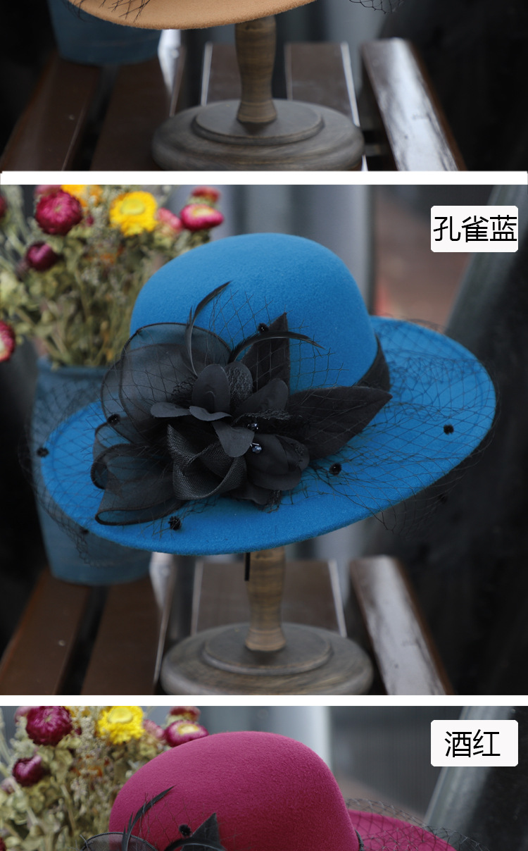 Wedding Hat Elegant Socialite Dress Hat Female Banquet Female Autumn and Winter Mesh Woolen British Bowler Wedding Hat Elegant Socialite Dress Hat Female Banquet Female Autumn and Winter Mesh Woolen British Bowler