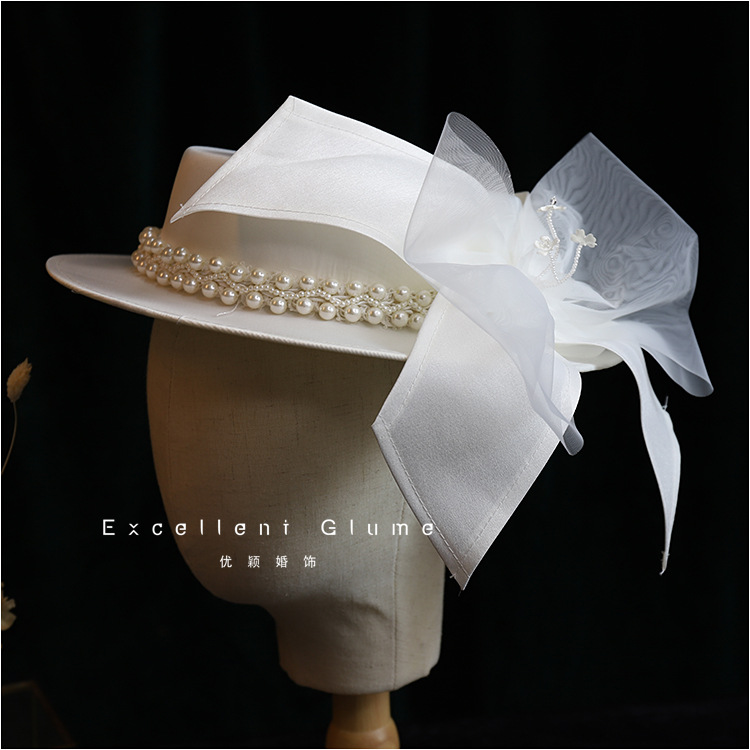 French Entry Lux Wedding Hat 2020 New Super Fairy White Satin Elegant Wedding Hat