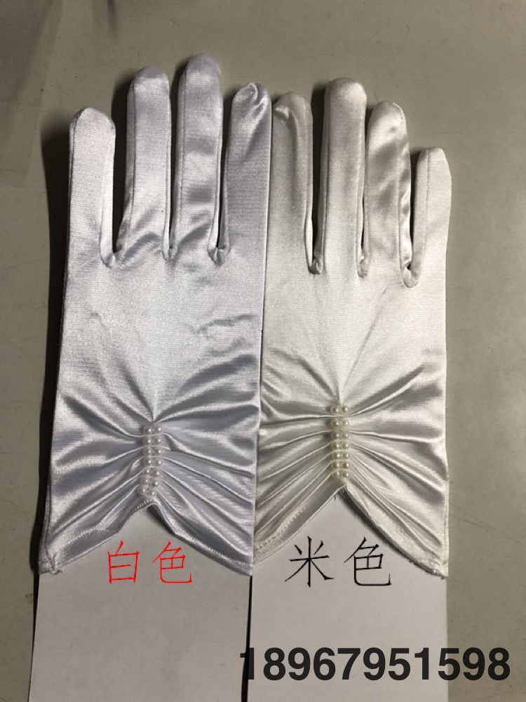 Children&#039;s Wedding Dress Dress Gloves Stretch Satin Cuff Double Row Bead Short Wedding Gloves Factory Direct Sales