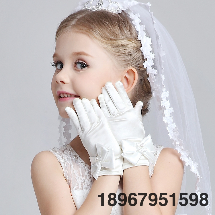 Children&#039;s Wedding Dress Dress Gloves Stretch Satin Cuff Double Row Bead Short Wedding Gloves Factory Direct Sales