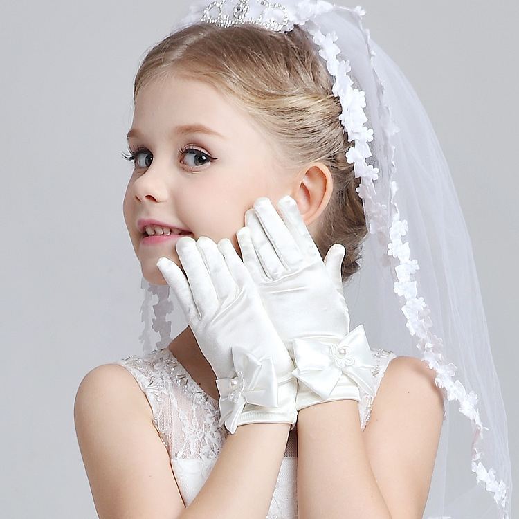Children's Wedding Dress Dress Gloves Stretch Satin Cuff Double Row Bead Short Wedding Gloves Factory Direct Sales