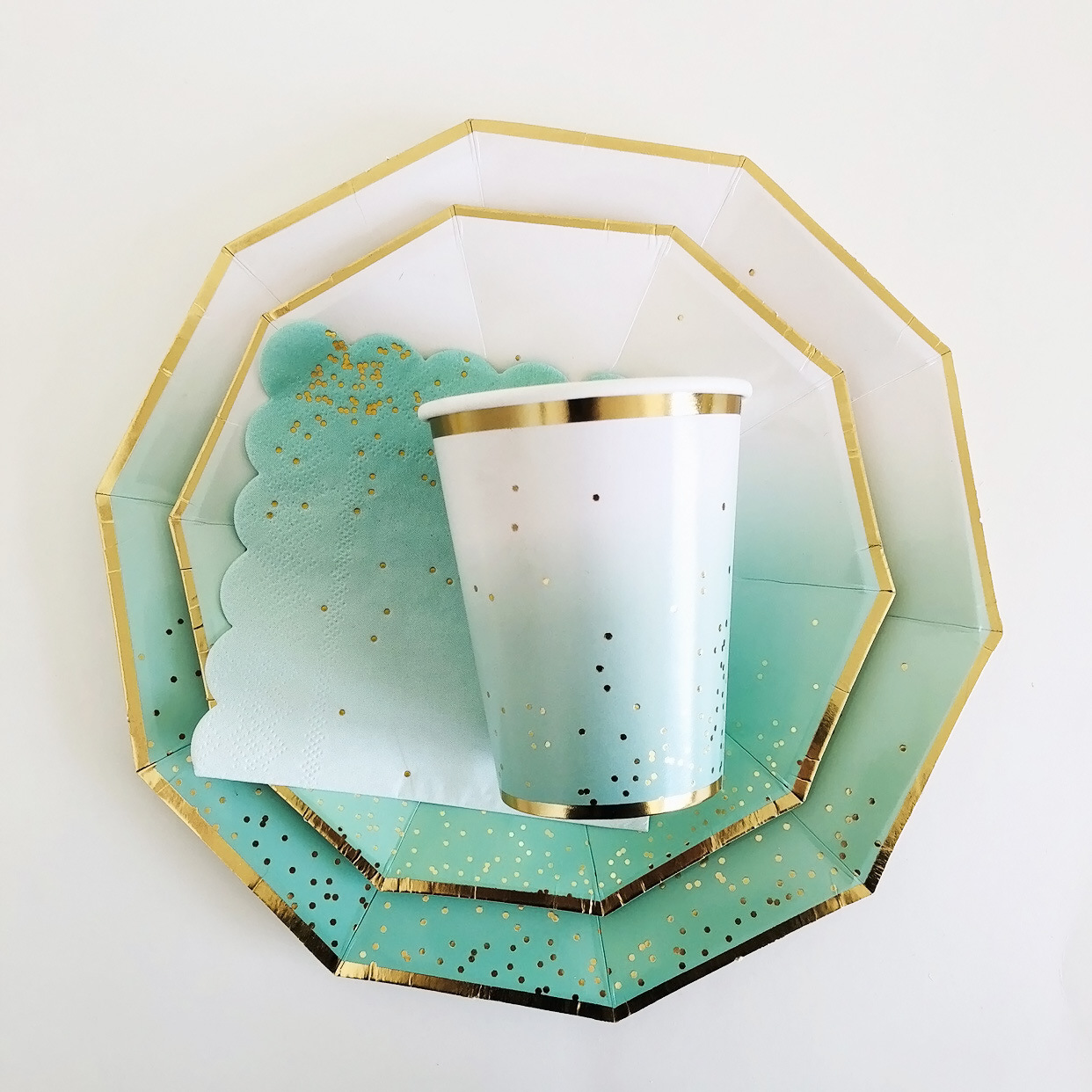 Gilding Edge Decagon Four-Color Blooming Paper Pallet Birthday Party Tableware Set Four-Piece Paper Cup Tissue Plate