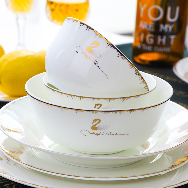 Jingdezhen Ceramic Tableware Set Swan Bone China Rice Bowl Plate Ceramic Tableware Wedding Enterprise Gift Wholesale