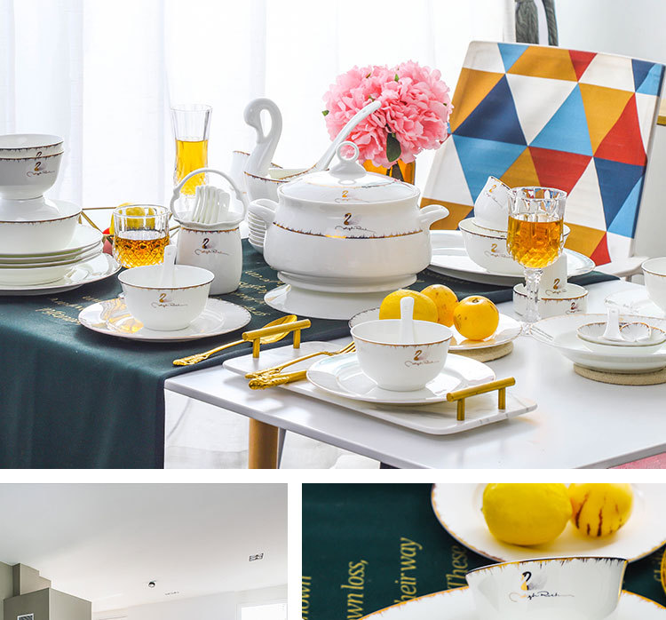 Jingdezhen Ceramic Tableware Set Swan Bone China Rice Bowl Plate Ceramic Tableware Wedding Enterprise Gift Wholesale