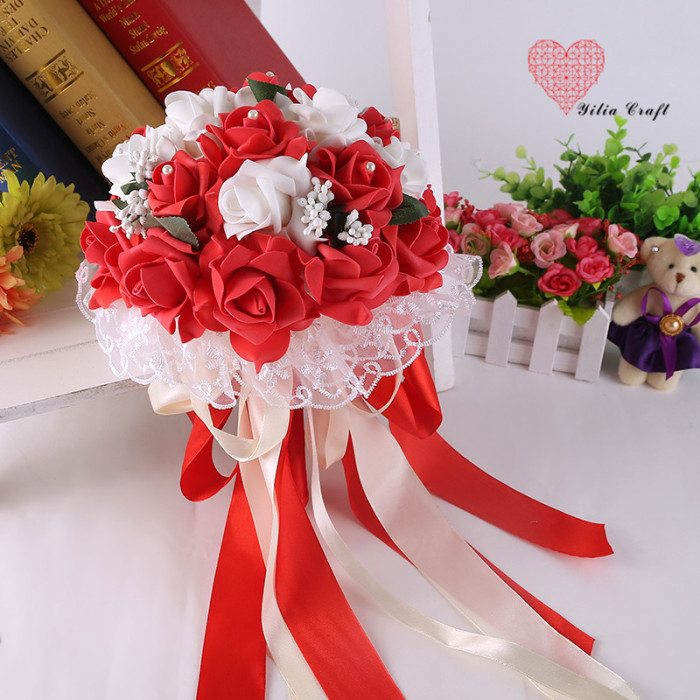 Artificial foam artificial flower bridal bouquet simulation double - colored rose Korean style.
