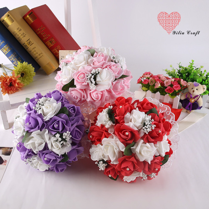Artificial foam artificial flower bridal bouquet simulation double - colored rose Korean style.
