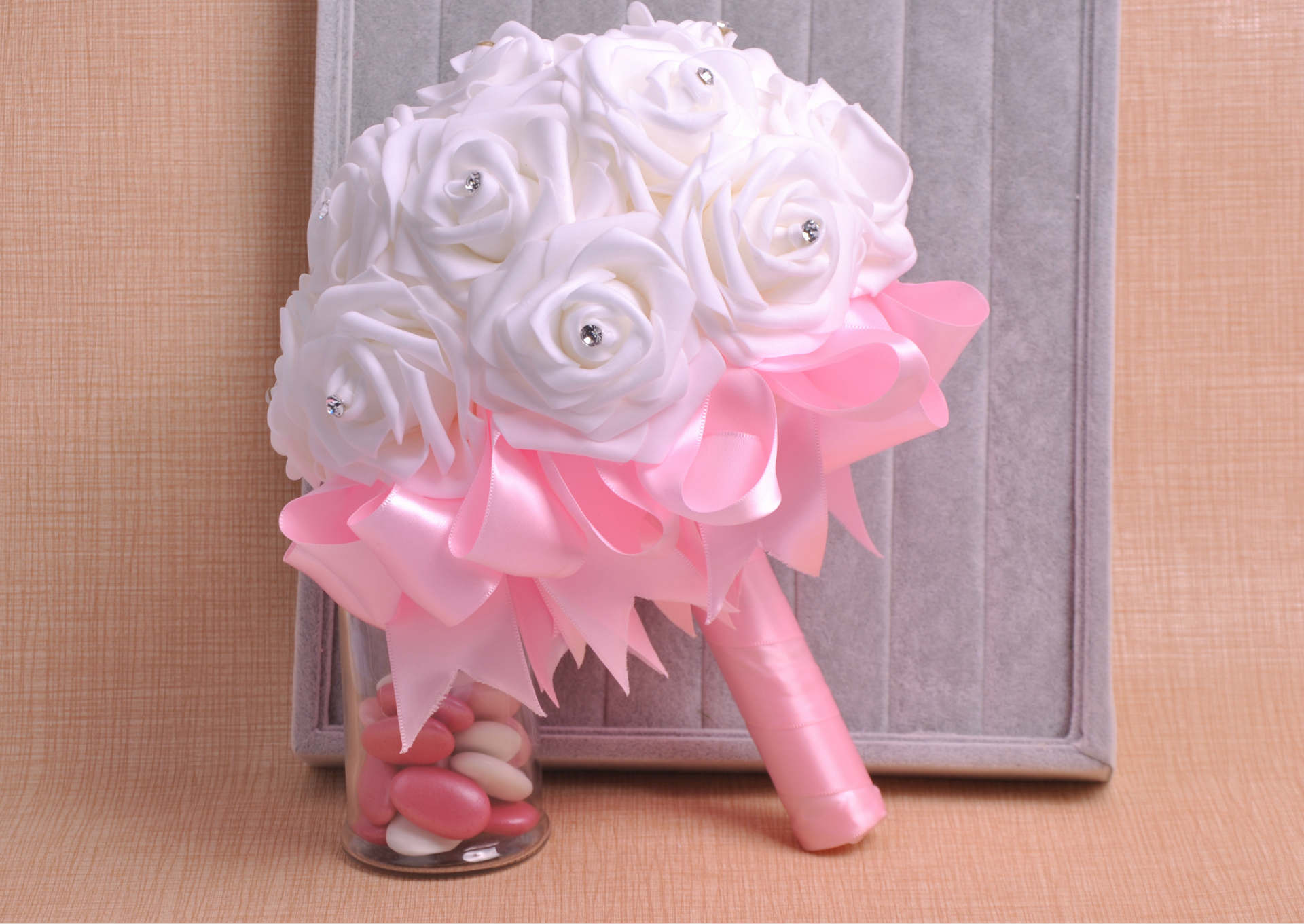 Aliexpress bride diamond hand bouquet bow ribbon foam bridal bouquet factory direct sales support custom