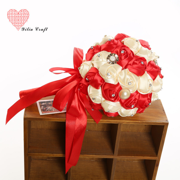 Handmade cloth art fake flower bridal bouquet simulation double - colored rose Korean style.