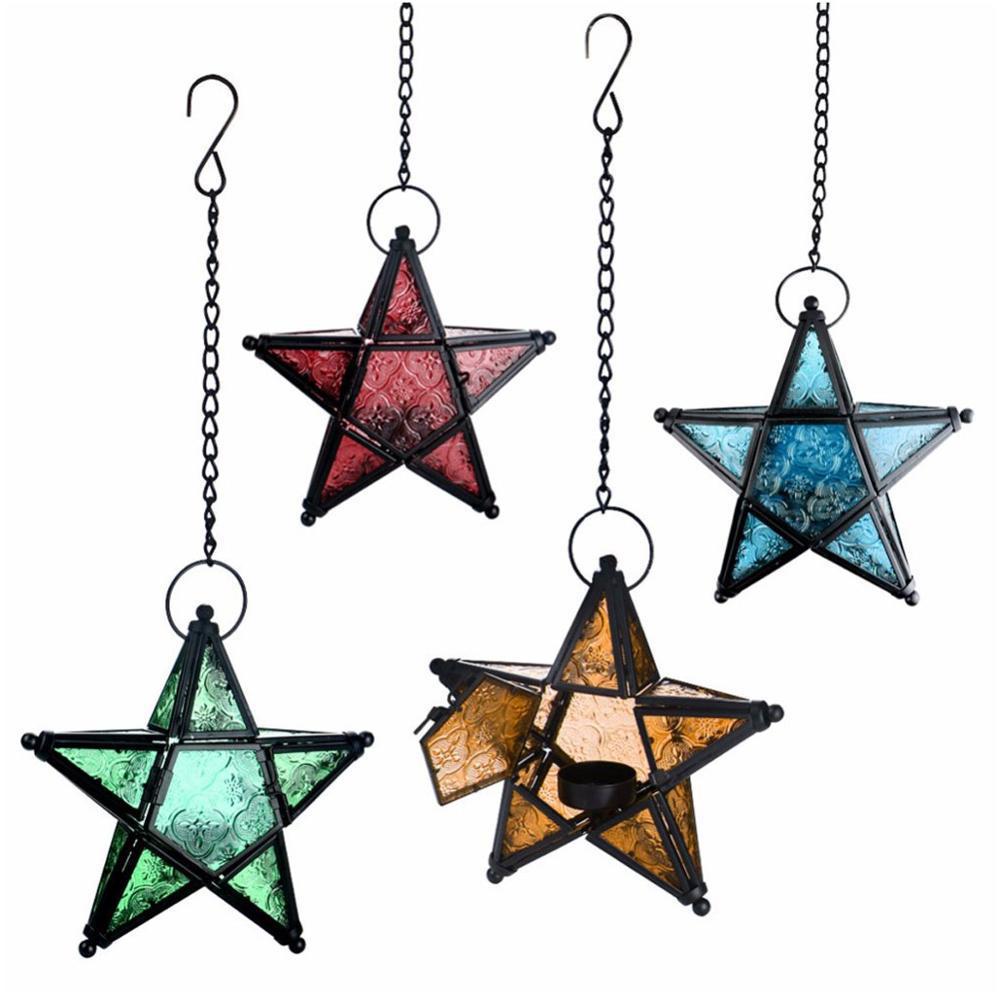 European-Style Classical Color Pattern Glass Five-Pointed Star Iron Art Candleholder