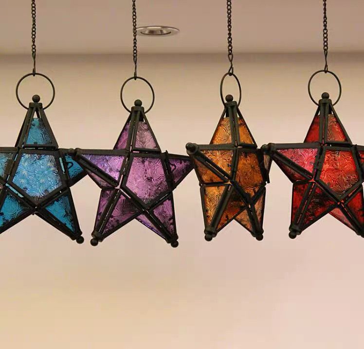 European-Style Classical Color Pattern Glass Five-Pointed Star Iron Art Candleholder