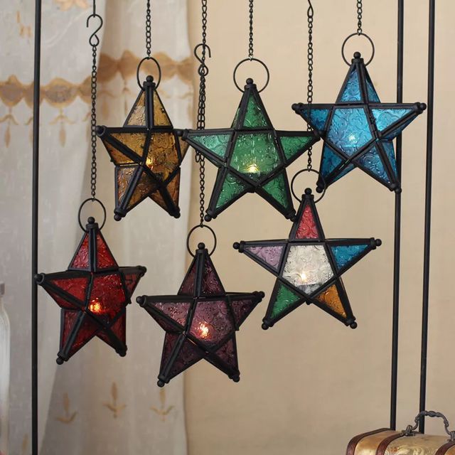 European-Style Classical Color Pattern Glass Five-Pointed Star Iron Art Candleholder