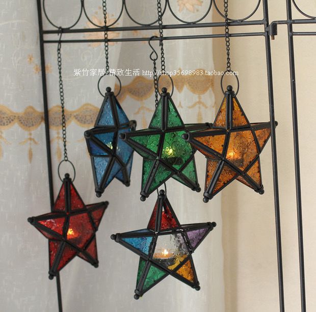 European-Style Classical Color Pattern Glass Five-Pointed Star Iron Art Candleholder