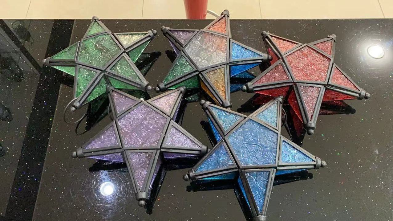 European-Style Classical Color Pattern Glass Five-Pointed Star Iron Art Candleholder