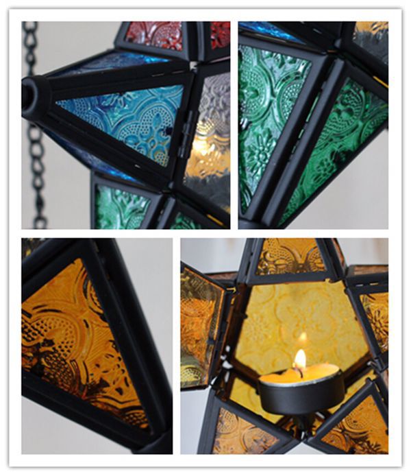 European-Style Classical Color Pattern Glass Five-Pointed Star Iron Art Candleholder