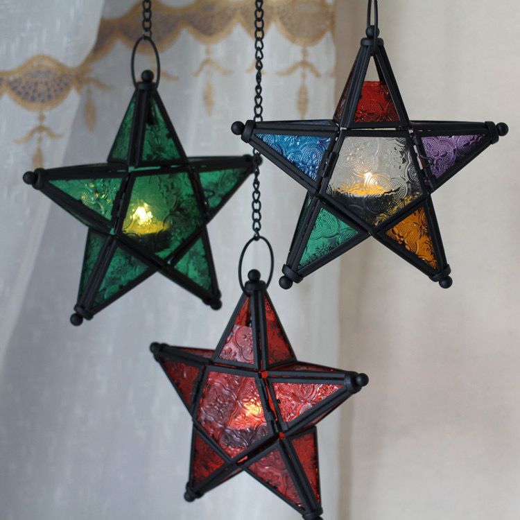 European-Style Classical Color Pattern Glass Five-Pointed Star Iron Art Candleholder