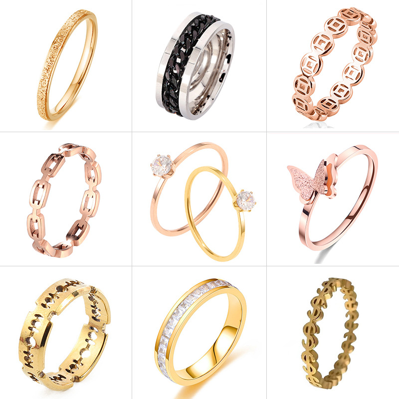 Jeweled Rose Gold Cold Wind Couple Couple Rings Internet Celebrity Titanium Steel Ring Fashion Manufacturer Couple Rings