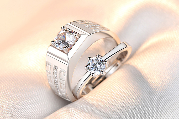 Couple Ring Pair Men and Women Simple Fashion Temperament Korean Style Crown Zircon Couple Rings Opening Wedding Simulation Diamond Ring