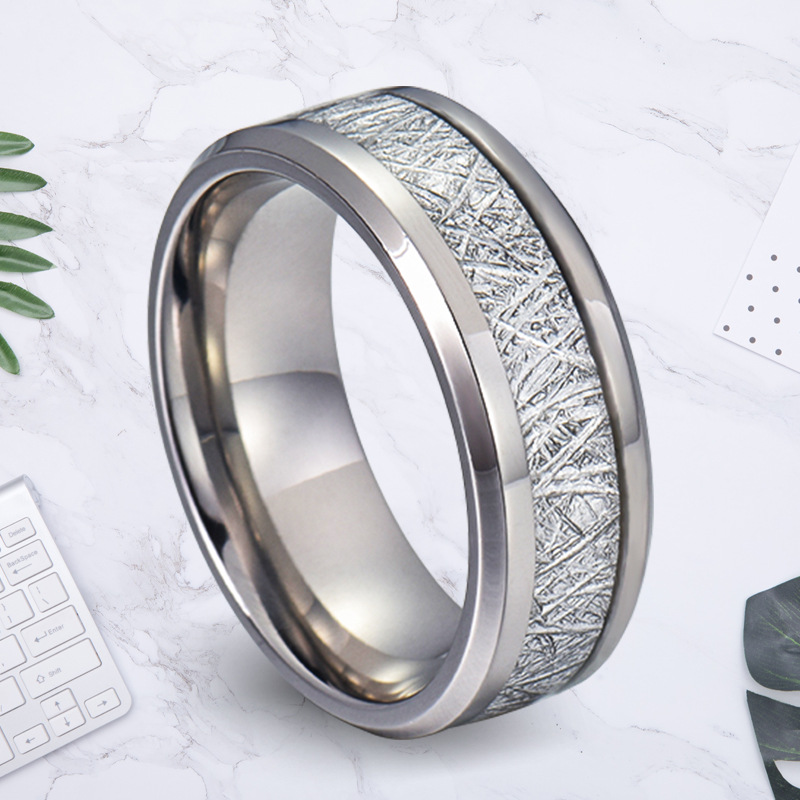 Cross-Border New Arrival Fashion Tungsten Ring Fine Polishing Smooth Delicate Inlaid Silver Imitation Meteorite Stainless Steel Couple Rings