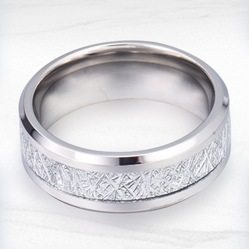 Cross-Border New Arrival Fashion Tungsten Ring Fine Polishing Smooth Delicate Inlaid Silver Imitation Meteorite Stainless Steel Couple Rings