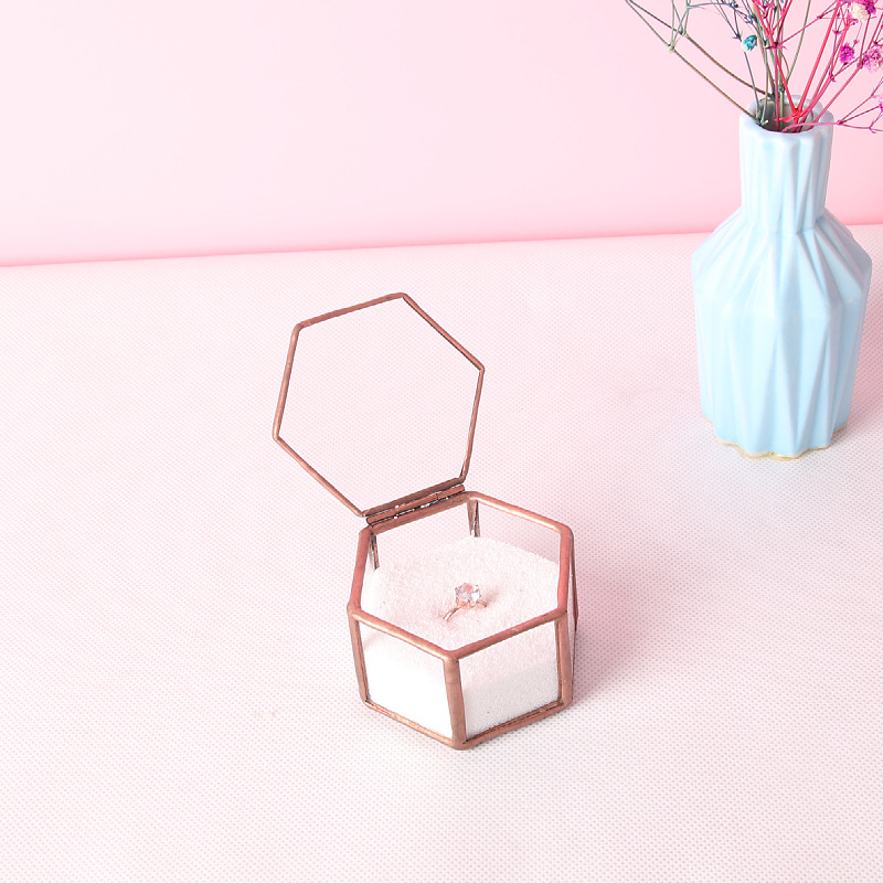 Ring Box Transparent Mini Six-Sided Ring Box Copper Bar Glass Jewelry Storage Box Wedding Hand Holding Couple Rings Box