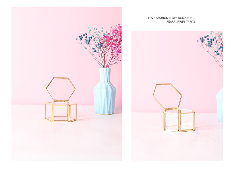 Ring Box Transparent Mini Six-Sided Ring Box Copper Bar Glass Jewelry Storage Box Wedding Hand Holding Couple Rings Box