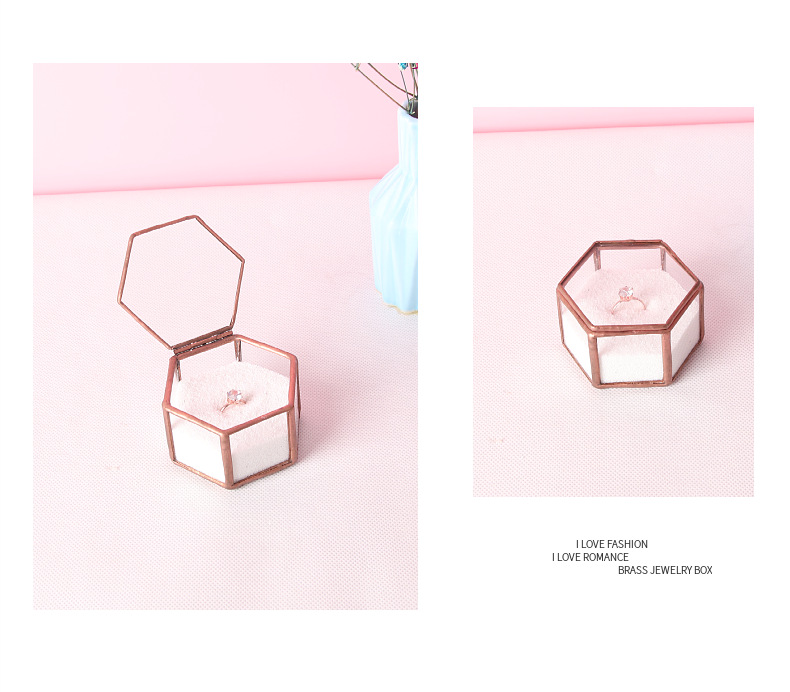 Ring Box Transparent Mini Six-Sided Ring Box Copper Bar Glass Jewelry Storage Box Wedding Hand Holding Couple Rings Box